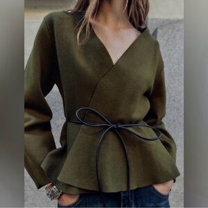 NWT Zara Belted Cardigan Jacket | Quiet Luxury Minimalist XL Dark Khaki 9598